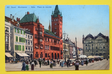 Postcard Basel / Town Hall / 1925 / Marketplace – Market Stalls – Stores – Cafe